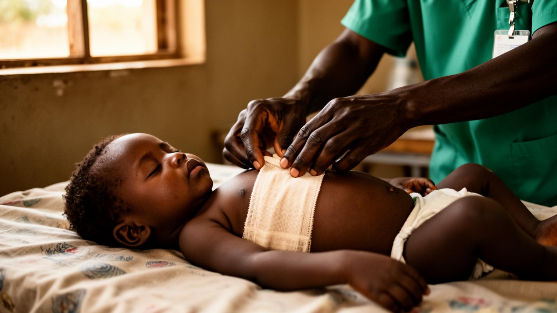 Medizinische Fachkraft passt einen Sensor an einem schlafenden Kleinkind in einer ländlichen Klinik in Sub-Sahara-Afrika an